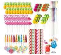 Quelcc 130 Pezzi Decorazioni per Cocktail, Ombrellini e Cannucce Hawaiane con Stuzzicadenti Fenicottero Ananas Fuochi d‘Artificio, per Feste Matrimonio Compleanno Bar Spiaggia