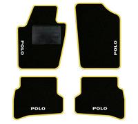 QUEMAR Kit Tappetini Auto compatibili con Polo V 2009-2017 (6R - 6C) / Set Tappeti Moquette e Gomma su Misura (2 Anteriori + 2 Posteriori) / Ricami e Colori Personalizzati (4 Ricami, Bordo Giallo)