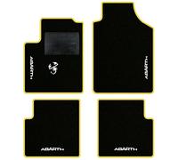 QUEMAR Tappetini Auto compatibili con 595 ABTH e 500 ABTH dal 2007/ Kit Tappeti Moquette e Gomma su Misura/Set 2 Anter.+ 2 Poster./Ricami e Colori Personalizzati (4 Ricami + 1 Logo, Bordo Giallo)