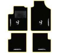 QUEMAR Tappetini Auto compatibili con 595 ABTH e 500 ABTH dal 2007/ Kit Tappeti Moquette e Gomma su Misura/Set 2 Anter.+ 2 Poster./Ricami e Colori Personalizzati (4 Ricami + 2 Loghi, Bordo Giallo)