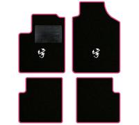 QUEMAR Tappetini Auto compatibili con 595 ABTH e 500 ABTH dal 2007/ Kit Tappeti Moquette e Gomma su Misura/Set 2 Anter.+ 2 Poster./Ricami e Colori Personalizzati (2 Loghi, Bordo Rosa)