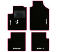 QUEMAR Tappetini Auto compatibili con 595 ABTH e 500 ABTH dal 2007/ Kit Tappeti Moquette e Gomma su Misura/Set 2 Anter.+ 2 Poster./Ricami e Colori Personalizzati (4 Ricami + 1 Logo, Bordo Rosa)