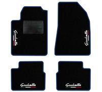 QUEMAR Tappetini Auto compatibili con Alfa Romeo Giulietta 2010-2016 TRICOLORE/Kit Tappeti Moquette e Gomma su Misura (Set 2 Anter.+2 Post.)/Ricami e Colori Personalizzati (Bordo Blu, 4 Ricami)