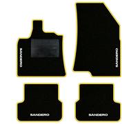 QUEMAR Tappetini Auto compatibili con Dacia Sandero e Stepway dal 2021/Kit Tappeti Moquette e Gomma su Misura (Set 2 Anteriori+2 Posteriori)/Ricami e Colori Personalizzati (4 Ricami, Bordo Giallo)