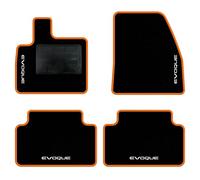 QUEMAR Tappetini Auto compatibili con Range Rover Evoque II dal 2019/ Kit Tappeti Moquette e Gomma su Misura (Set 2 Anteriori +2 Posteriori)/ Ricami e Colori Personalizzati (Bordo Arancio, 4 Ricami)