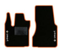 QUEMAR Tappetini Auto compatibili con Smart Fortwo W453 dal 2014 / Kit Set 2 Tappeti in Moquette e Gomma su Misura/Ricami e Colori Personalizzati (2 Loghi+Ricami, Bordo Arancio)