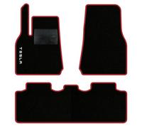 QUEMAR Tappetini Auto compatibili con Tesla Model Y dal 2020 anche Juniper/Kit Tappeti Moquette e Gomma su Misura (Set 2 Anter.+1 Poster.)/ Ricami e Colori Personalizzati (Bordo Rosso, 1 Ricamo)