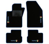 QUEMAR Tappetini Auto Forza Napoli Calcio Scudetto Campione/Kit Tappeti Moquette e Gomma su Misura (Set 2 Anteriori + 2 Posteriori)/ Ricami e Colori Personalizzati (4 Ricami, Bordo Blu)