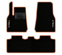 QUEMAR Tappetini Auto per Tesla Model Y dal 2020, Bordo Arancio, 2 Ricami | anche Juniper / Kit Tappeti Moquette e Gomma su Misura / Set 2 Anteriori + 1 Posteriore / Ricami e Colori Personalizzati