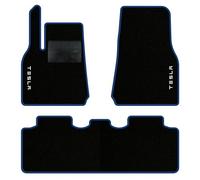 QUEMAR Tappetini Auto per Tesla Model Y dal 2020, Bordo Blu, 2 Ricami | anche Juniper / Kit Tappeti Moquette e Gomma su Misura / Set 2 Anteriori + 1 Posteriore / Ricami e Colori Personalizzati