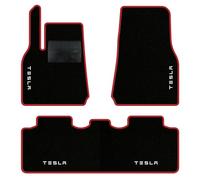 QUEMAR Tappetini Auto per Tesla Model Y dal 2020, Bordo Rosso, 4 Ricami | anche Juniper / Kit Tappeti Moquette e Gomma su Misura / Set 2 Anteriori + 1 Posteriore / Ricami e Colori Personalizzati