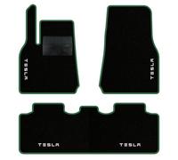 QUEMAR Tappetini Auto per Tesla Model Y dal 2020, Bordo Verde, 4 Ricami | anche Juniper / Kit Tappeti Moquette e Gomma su Misura / Set 2 Anteriori + 1 Posteriore / Ricami e Colori Personalizzati