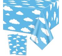 QUERICKY 2 Pack Blu cielo bianco nuvole tovaglia, 137 x 274 cm blu plastica tavolo copertura story decorazione per bambini festa di compleanno, Baby Shower Party