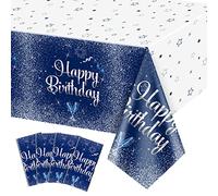 QUERICKY 4 pezzi tovaglie blu navy e argento Buon Compleanno, 130 x 220cm plastica rettangolo copertura tavolo per uomini donne ragazzi ragazze compleanno decorazioni partito forniture