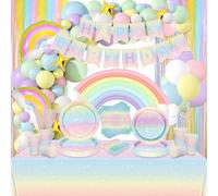 QUERICKY Decorazione per festa di compleanno arcobaleno pastello, Include striscione di Birthday, tovaglia, piatti di carta, tovaglioli, bicchieri, palloncini per feste di compleanno, per 20 persone