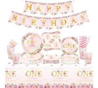 QUERICKY Decorazioni floreali per la festa del 1° compleanno delle ragazze, include striscione di buon compleanno, piatti di carta, bicchieri, tovaglioli, tovaglia per 20 persone