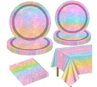 QUERICKY Decorazioni per Feste Con Arcobaleno Glitter Iridescente per 20 Ospiti, Include Piatti di Carta Arcobaleno Iridescenti, Tovaglioli, Tovaglia per Festa di Compleanno per Ragazze, Baby Shower