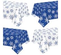 QUERICKY Set da 4 tovaglie invernali con fiocchi di neve, 220x130 cm, copertura per tavolo con fiocchi di neve per decorazioni di compleanno invernali e sfondo per feste natalizie, blu e bianco