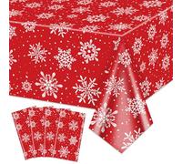 QUERICKY Set da 4 tovaglie invernali con fiocchi di neve, 220x130 cm, copertura per tavolo con fiocchi di neve per decorazioni di compleanno invernali e sfondo per feste natalizie, rosso