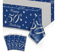 QUERICKY Set da 4 Tovaglie per 50° Compleanno Blu Navy Rettangolari, Blu Argento Copritavolo per Decorazioni Festa 50 Anni Uomo Donna, 220x130cm