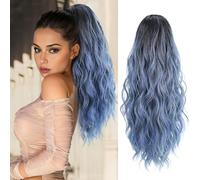 quesdom Extension a coda di cavallo corta da 45,7 cm, extension di capelli sintetici ricci e mossi classici, con clip, da donna, R2, blu cenere fumé