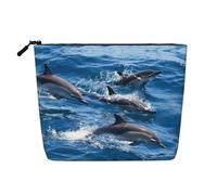 Questa borsa cosmetica stampata a strato singolo con delfini nel mare presenta un design categorizzato per riporre i tuoi strumenti da scrittura, forniture artistiche e piccoli oggetti quotidiani