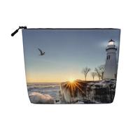 Questa borsa cosmetica stampata a strato singolo con faro e rocce sul mare presenta un design categorizzato per riporre i tuoi strumenti da scrittura, forniture artistiche e piccoli oggetti quotidiani