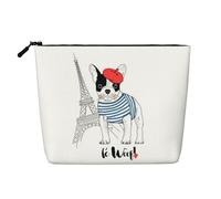Questa borsa cosmetica stampata a un solo strato con cane con Torre Eiffel presenta un design categorizzato per riporre i tuoi strumenti da scrittura, forniture artistiche e piccoli oggetti quotidiani