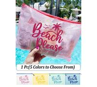 Questa borsa da spiaggia impermeabile e alla moda è stampata con il testo "Beach Please", palme, uccelli e motivi a onde. Ha una grande borsa per il trucco trasparente con cerniera in nylon, leggera e