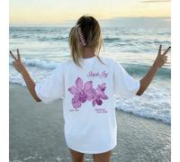 Questa colorata t-shirt a girocollo con stampa di lettere e fiori è un'opzione alla moda e versatile per le donne in estate. La maglietta grafica è disponibile nei colori bianco e rosa, adatta per l'a