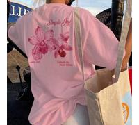 Questa colorata t-shirt a girocollo con stampa floreale e a lettere è un'opzione alla moda e versatile per le donne in estate. La maglietta grafica è disponibile nei colori bianco e rosa, adatta per l