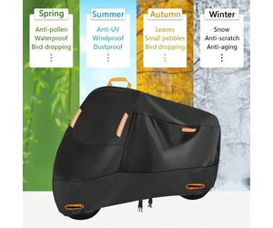 Questa copertura nera per bicicletta/motocicletta all-in-one presenta una feritoia e una tasca portaoggetti, oltre a fasce di riflettenti e fasce elastiche per l'uso notturno. Può contenere da 1 a 3 b
