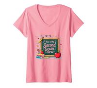 Questa è la mia seconda elementare Scuola Forniture Lavagna Maglietta con Collo a V, Donna, Rosa, L