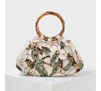 Questa elegante borsa patchwork con foglie e fiori multicolore e scintillante è perfetta per le donne europee e americane. Il design elegante e ispirato allo stile retrò presenta un anello in legno, r