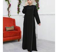 Questa elegante veste nera da donna presenta un design a collo rotondo con maniche lunghe, tessuto lavorato, decorazione con nodo e bordo a contrasto, che esalta lo stile tradizionale arabo. Eid Prima