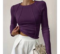 Questa esclusiva maglietta da donna a maniche lunghe presenta un collo rotondo a costine lavorate a maglia, una silhouette aderente che valorizza la figura e un design in vita corto con un tocco giova