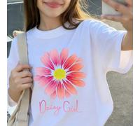 Questa maglietta a maniche corte per ragazze presenta una stampa di crisantemo dai colori vivaci e un design morbido a collo tondo, rendendola una maglietta casual estiva lavabile in lavatrice 6Y,7Y,8
