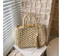 Questa nuova borsa in paglia intrecciata con nappine e perle è una borsa di moda o una borsa a spalla per le donne. Presenta un design intrecciato a tre fili in corda di carta di colore bianco avorio 