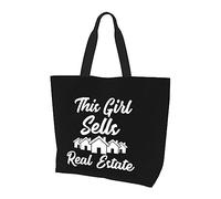 Questa ragazza vende una borsa per la spesa riutilizzabile in tela leggera da donna per il settore immobiliare, nera