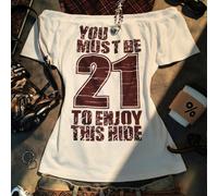 Questa T-shirt aderente a maniche corte con spalle scoperte degli anni 2000 Y2K presenta lo slogan "Devi avere 21 anni per godere di questo nascondiglio" e vanta uno stile retrò casual, rendendola ada