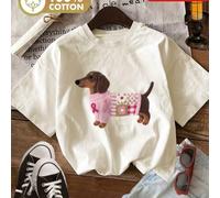 Questa t-shirt casual da donna in 100% cotone per la primavera e l'estate presenta un simpatico motivo a bassotto. La t-shirt a maniche corte con scollo rotondo è perfetta per gli amanti degli animali