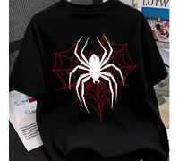 Questa t-shirt casual e ampia presenta una stampa di ragno in bianco e nero e una ragnatela rossa, con maniche corte nere in stile americano scuro. Adatta per la primavera e l'estate. È una scelta ide