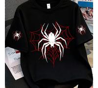 Questa t-shirt casual e ampia presenta una stampa di ragno in bianco e nero e una ragnatela rossa, con maniche corte nere in stile americano scuro. Adatta per la primavera e l'estate. È una scelta ide
