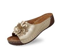 Questi eleganti sandali con zeppa da donna con tomaia in pelle e motivi floreali comodi per tutti i giorni vacanze in spiaggia o perfetti per abiti jeans o pantaloni casual suola antiscivolo, oro, 37