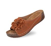 Questi eleganti sandali con zeppa da donna con tomaia in pelle e motivi floreali comodi per tutti i giorni vacanze in spiaggia o perfetti per abiti jeans o pantaloni casual suola antiscivolo, marrone