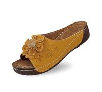 Questi eleganti sandali con zeppa da donna con tomaia in pelle e motivi floreali comodi per tutti i giorni vacanze in spiaggia o perfetti per abiti jeans o pantaloni casual suola antiscivolo, giallo