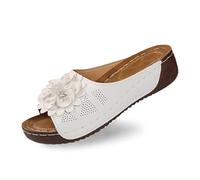Questi eleganti sandali con zeppa da donna con tomaia in pelle e motivi floreali comodi per tutti i giorni vacanze in spiaggia o perfetti per abiti jeans o pantaloni casual suola antiscivolo, bianco