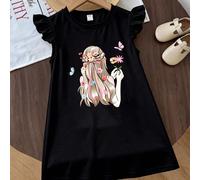 Questo abito a maniche corte con collo rotondo presenta un design con stampa di fate e farfalle, comodo e alla moda, adatto per l'abbigliamento casual estivo 6Y,7Y,8Y,9Y,10Y,4Y,5Y,14Y,11Y,12Y,13YPiant