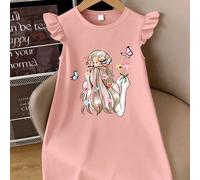 Questo abito con collo rotondo e maniche corte presenta un design con stampa di fate e farfalle, comodo e alla moda, adatto per l'abbigliamento casual estivo 6Y,7Y,8Y,9Y,10Y,4Y,5Y,14Y,11Y,12Y,13YPiant