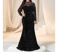 Questo abito da sera elegante e formale da donna taglie forti presenta un design con collo alto, impreziosito da perle raffinate. La silhouette aderente e la gonna ampia e scintillante con orlo a sire